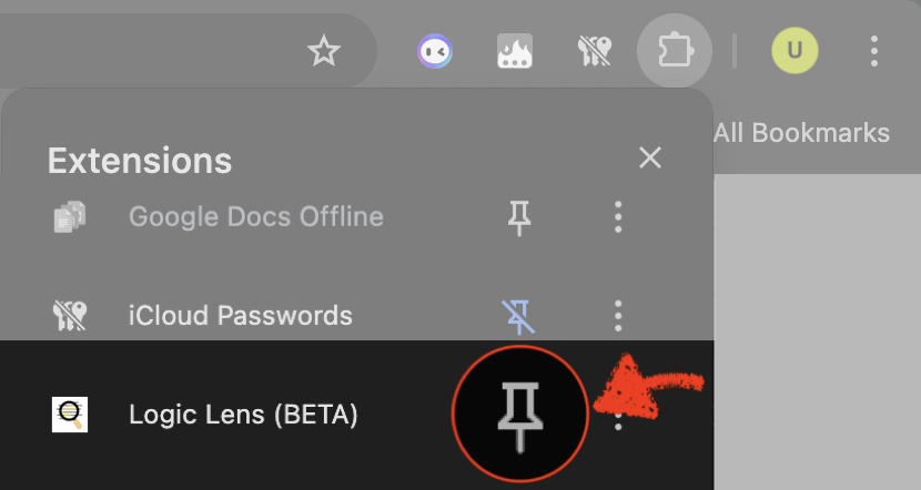 Chrome Extensions dropdown with LogicLens pin button highlighted