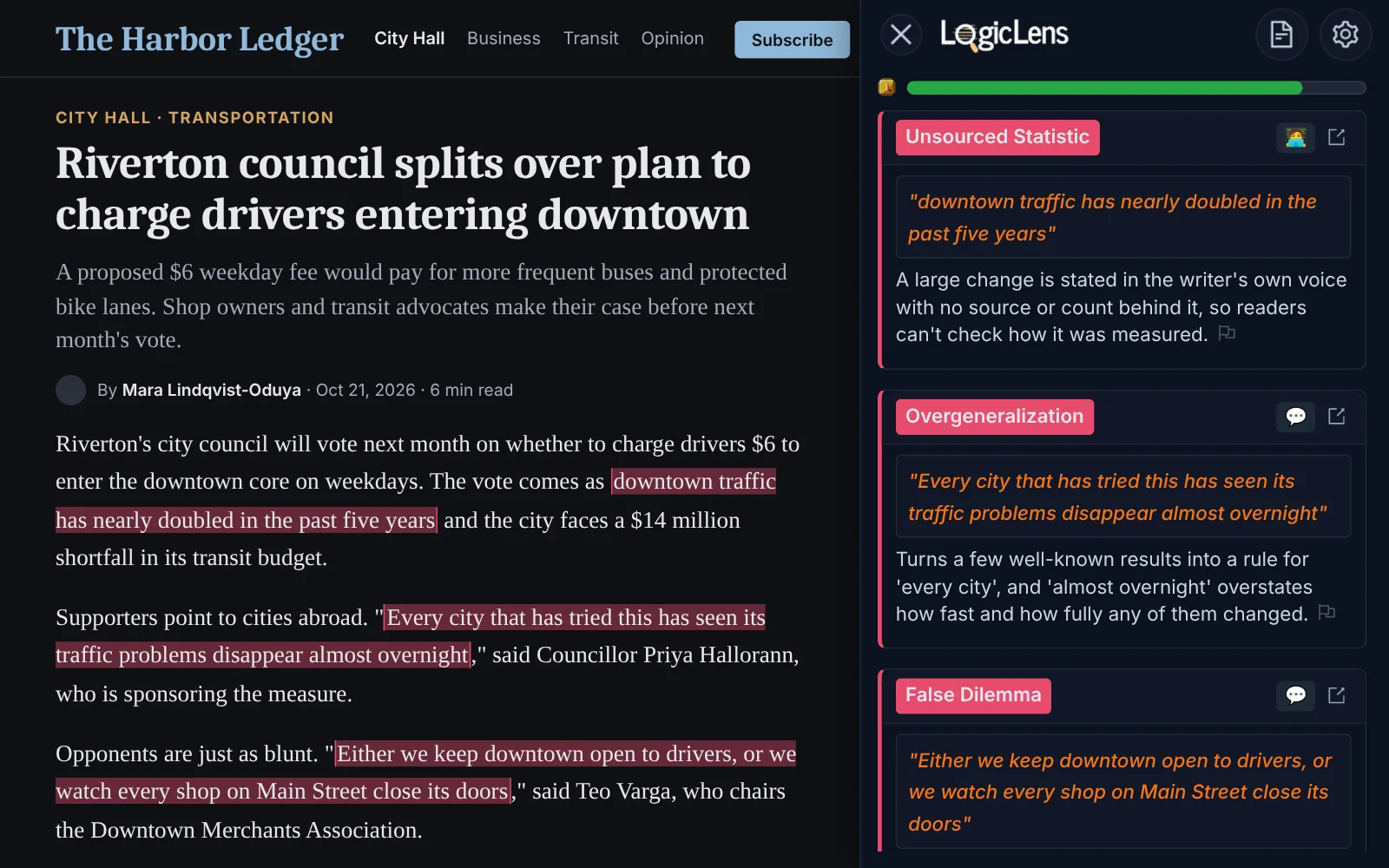 LogicLens extension highlighting a false dilemma and other issues in a news article, with its sidebar open