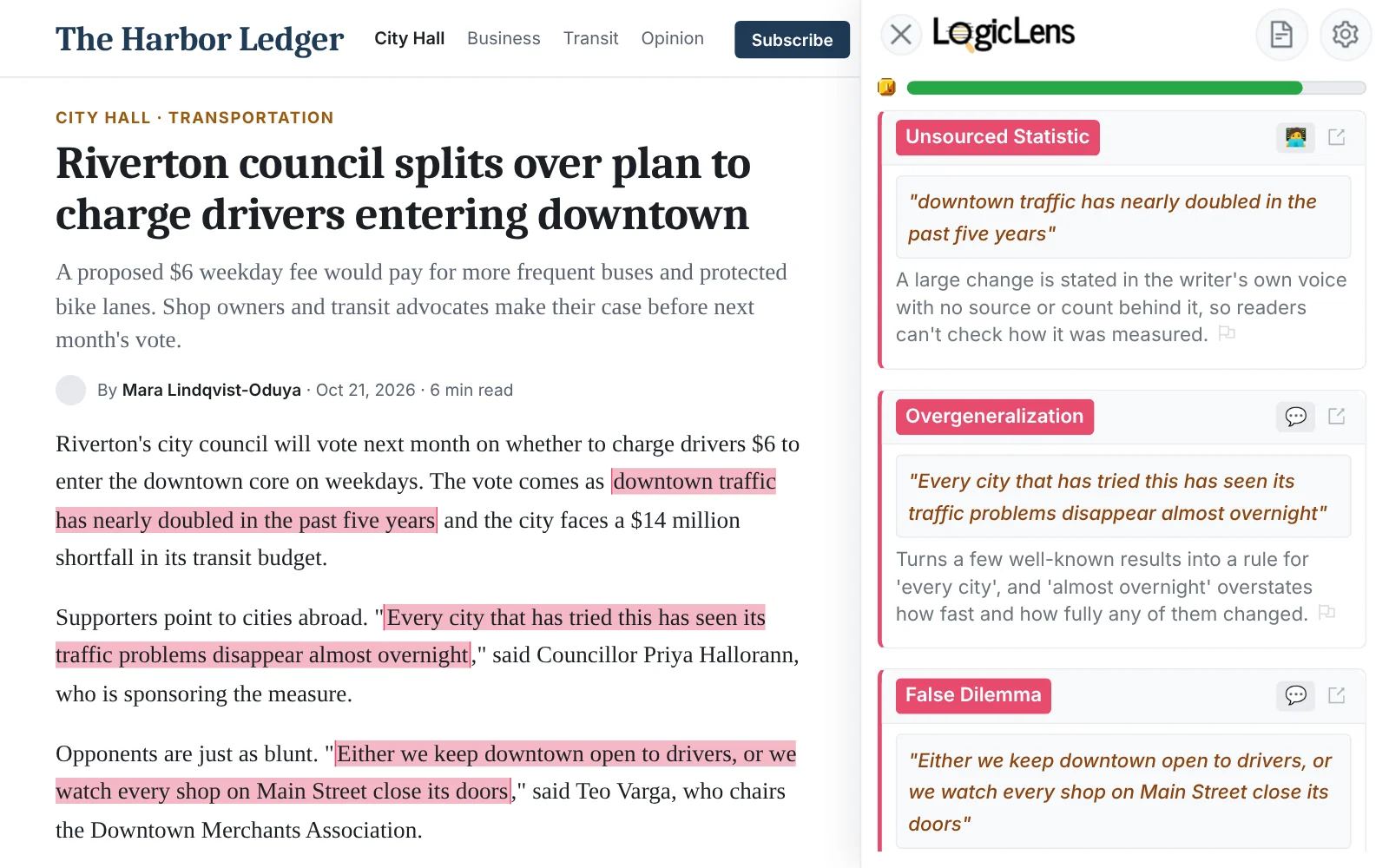 LogicLens extension highlighting a false dilemma and other issues in a news article, with its sidebar open