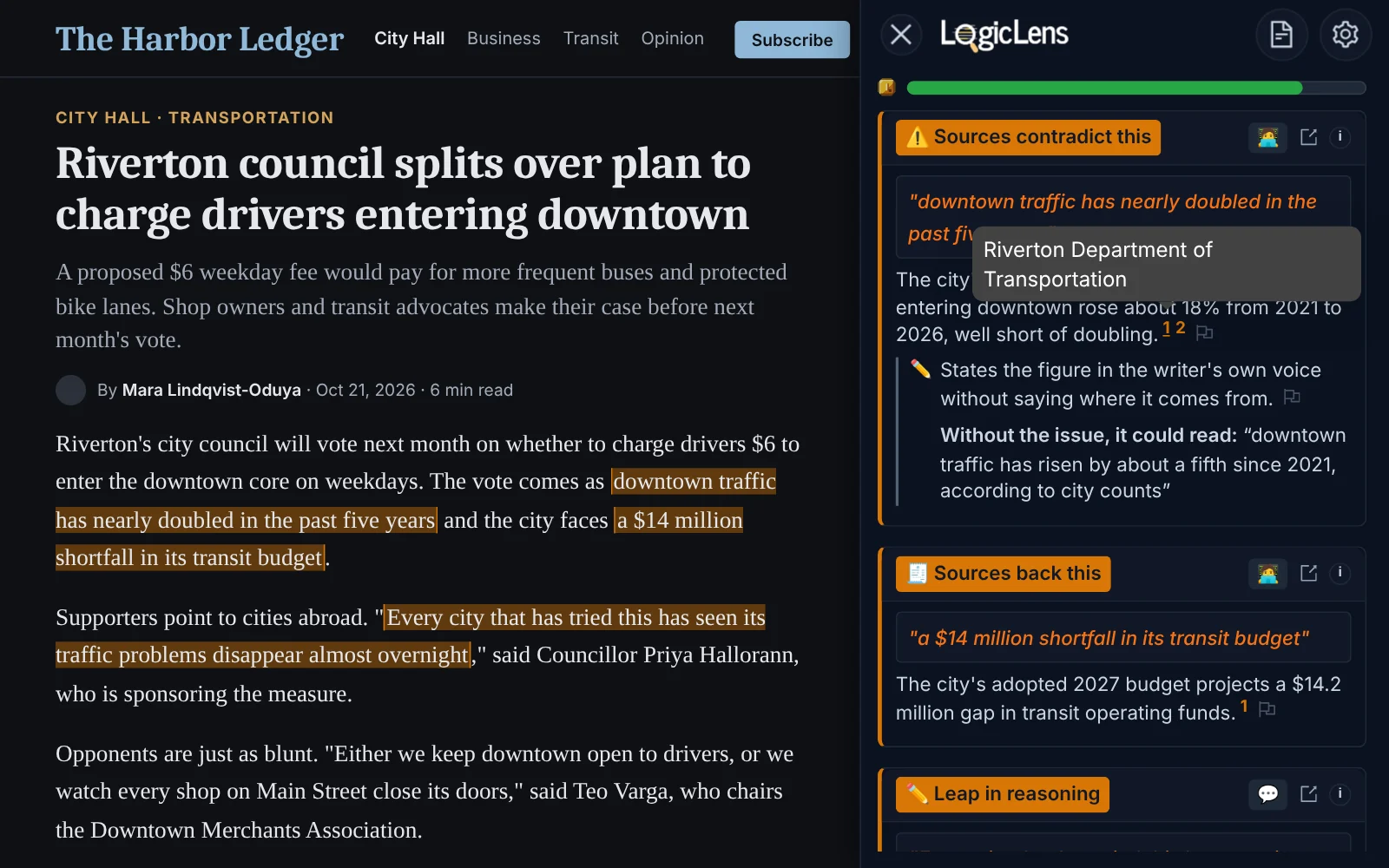 LogicLens extension fact-checking a news article, with sources for each finding