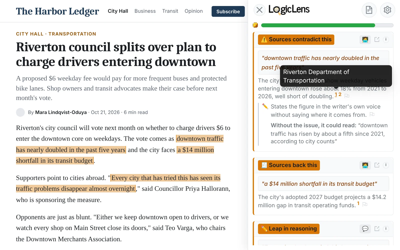 LogicLens extension fact-checking a news article, with sources for each finding