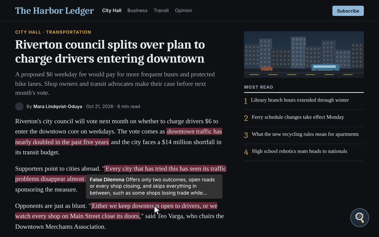 LogicLens extension showing its note on a highlighted false dilemma in a news article