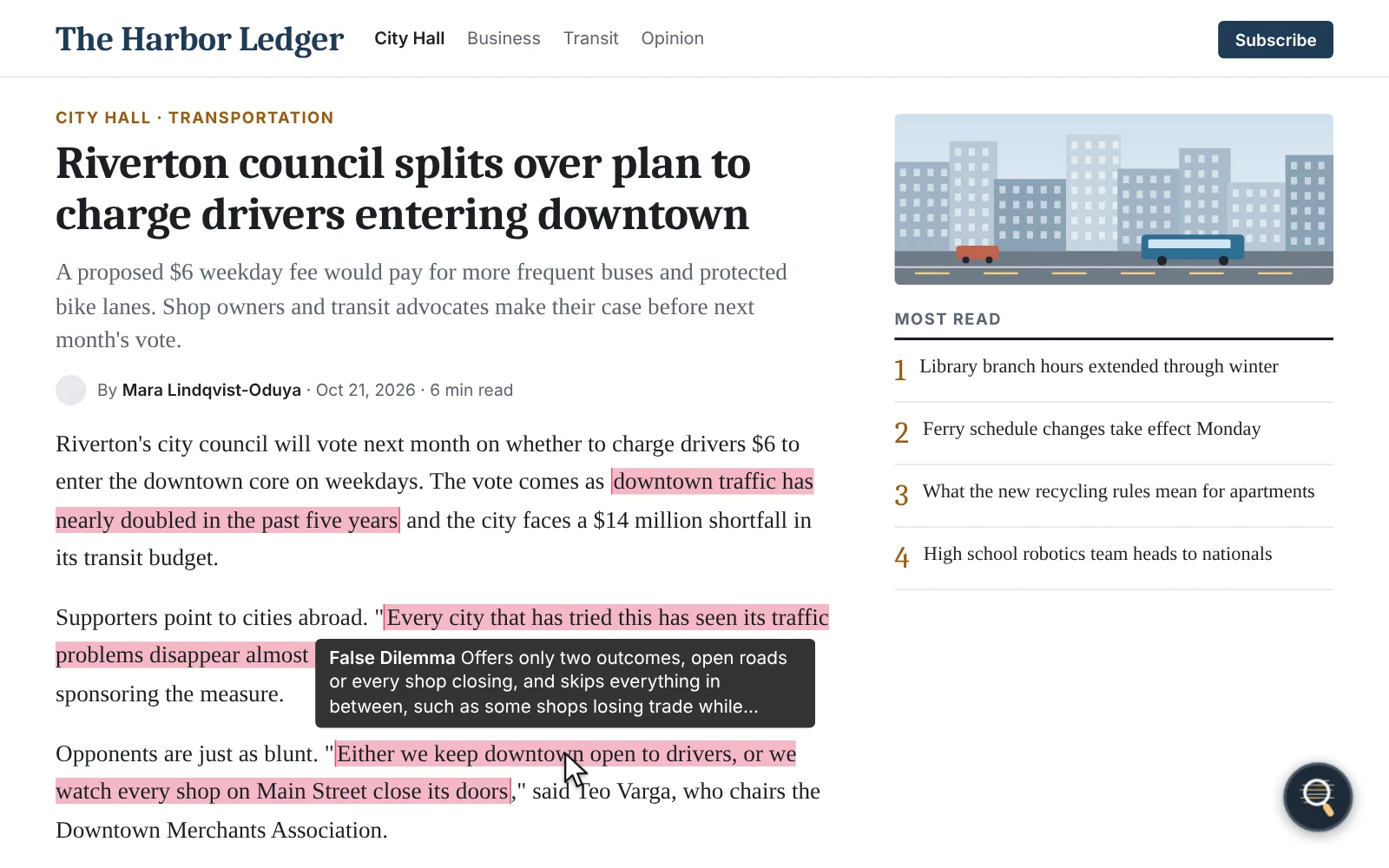 LogicLens extension showing its note on a highlighted false dilemma in a news article