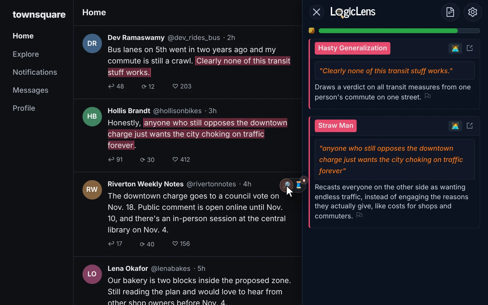 LogicLens extension checking posts in a social media feed