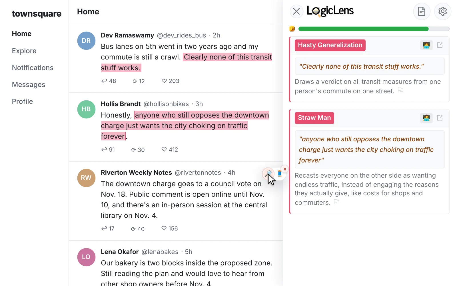 LogicLens extension checking posts in a social media feed