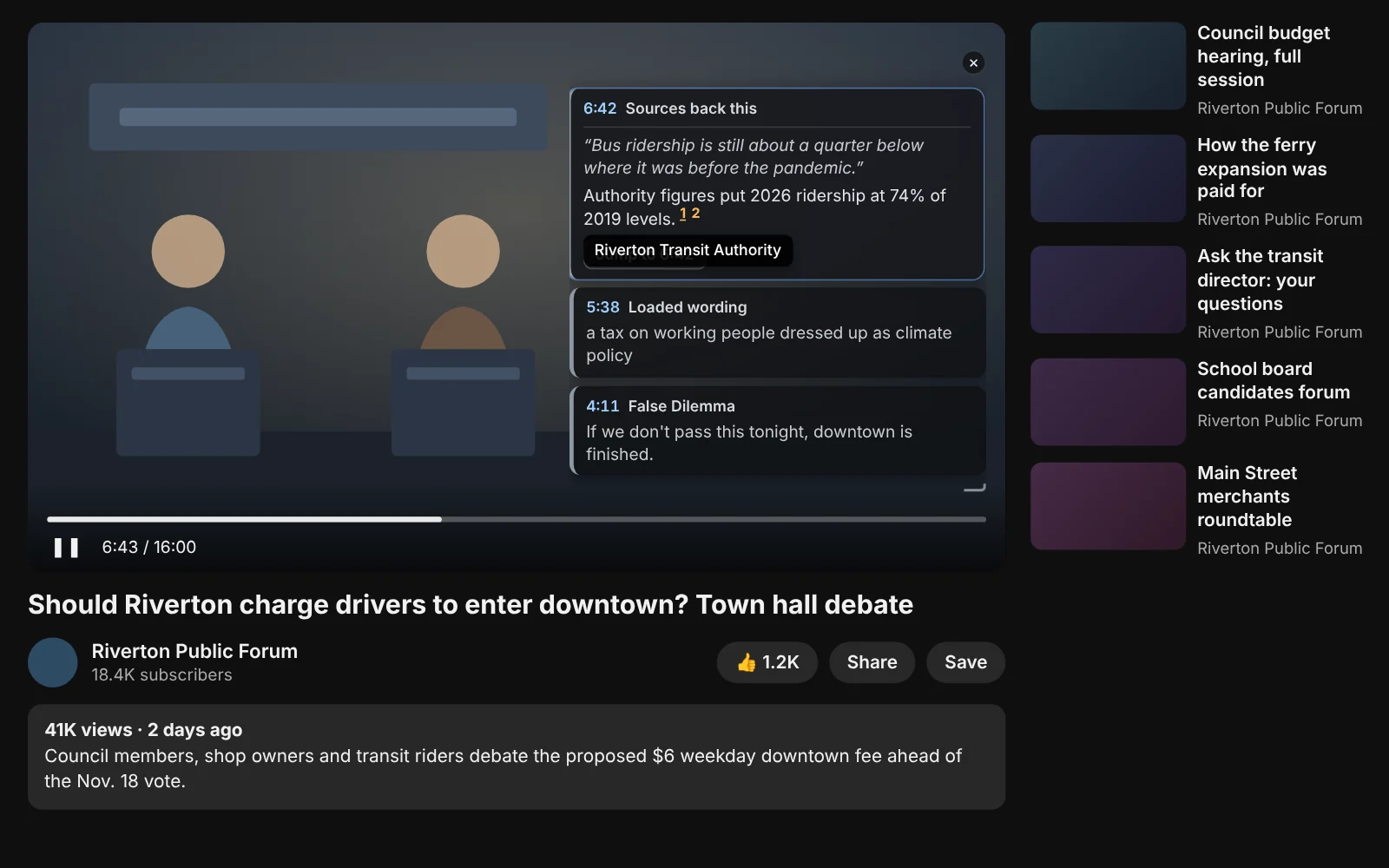LogicLens extension showing finding cards on a YouTube video