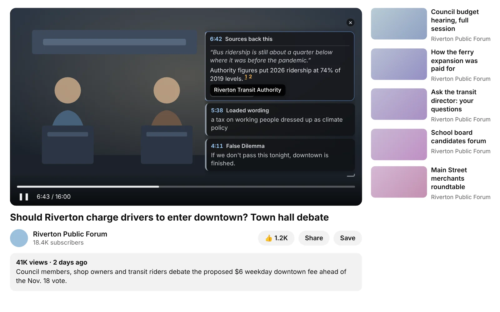 LogicLens extension showing finding cards on a YouTube video